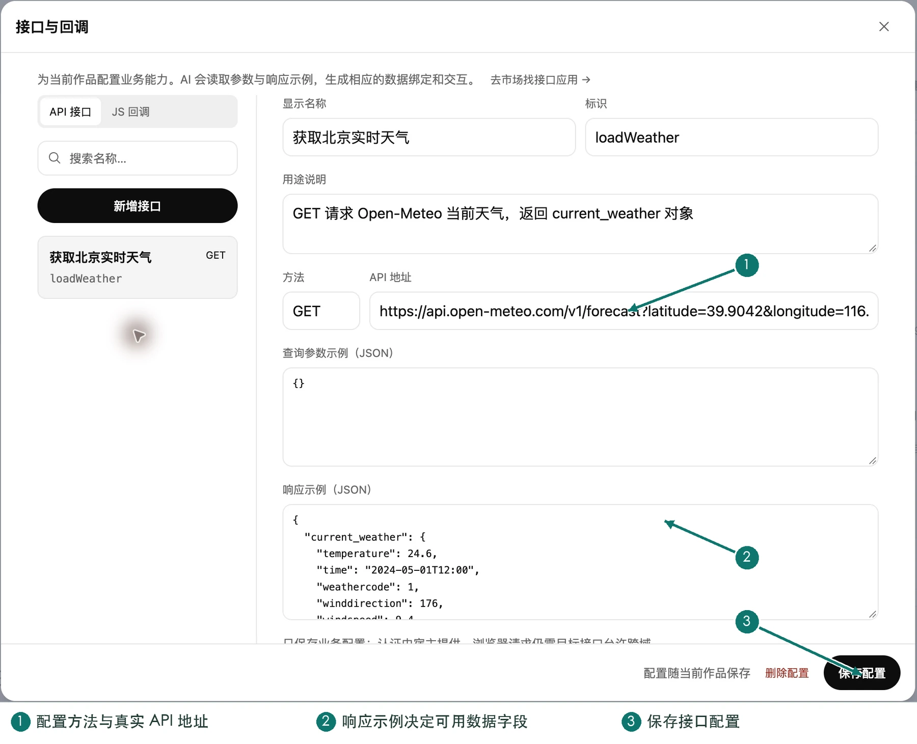 接口定义：标识、请求方式、地址和响应示例